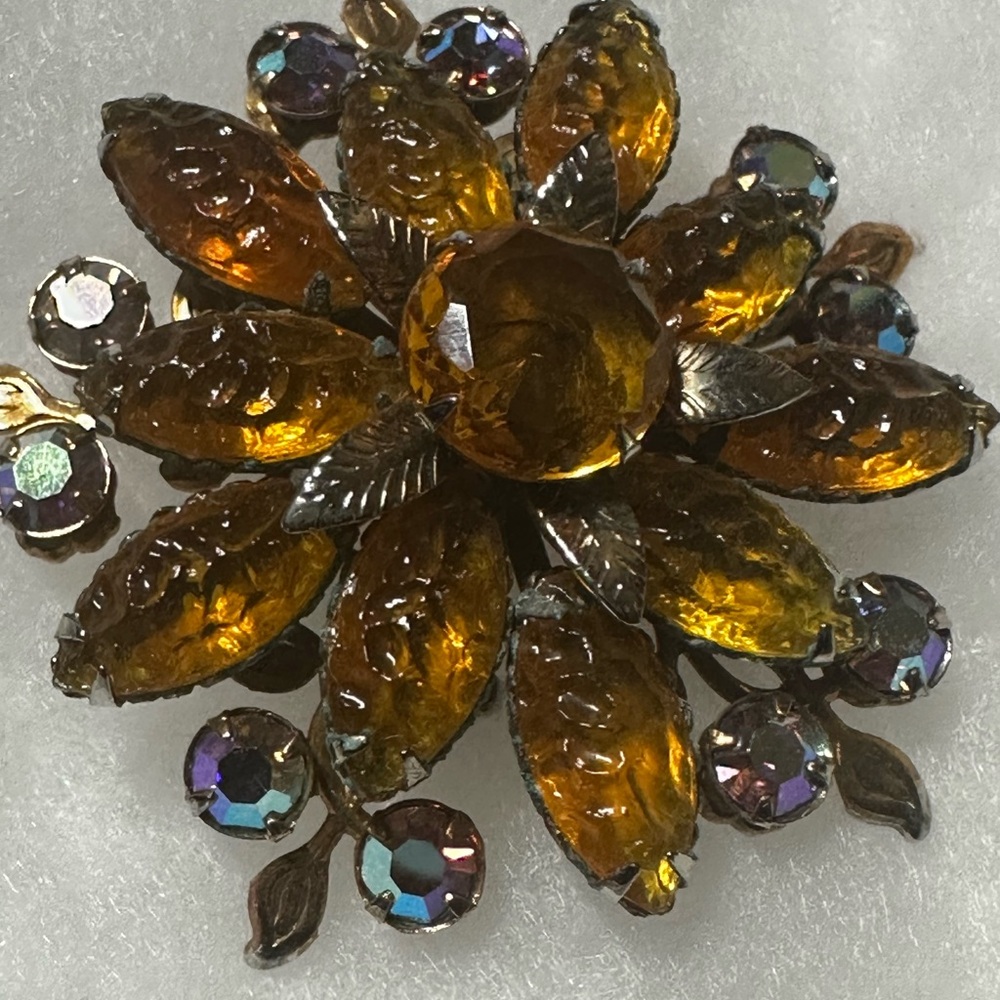 Vintage Amber Crystal Floral Brooch 1950s - Picture 9 of 16